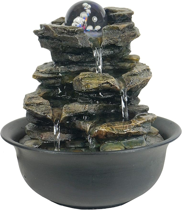 Heart of Nature Indoor Water Fountain with LED Light AND Colour Changing Spinning Ball | 3 Pin UK Plug USB Included Gold