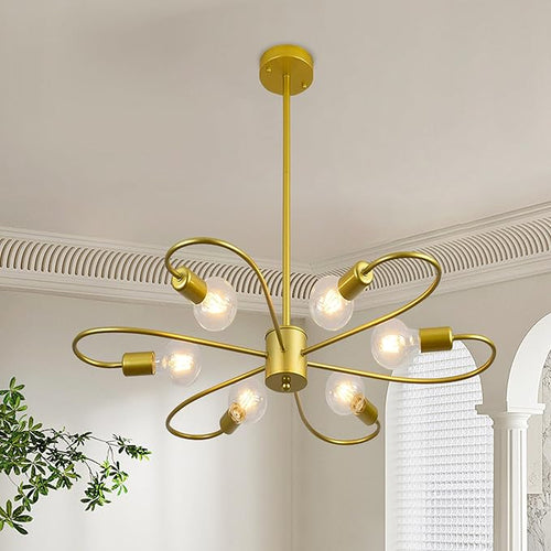 Gold Modern Chandeliers 6-Light Semi Flush Mount Ceiling Light Fixture, Sputnik Hanging Lighting Adjustable Height for Bedroom Dinning Living Room