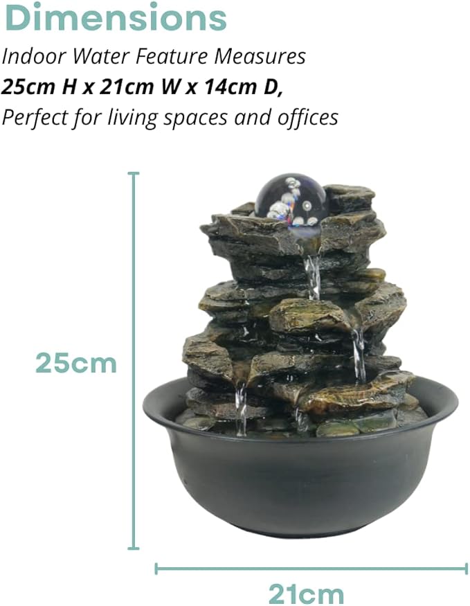 Heart of Nature Indoor Water Fountain with LED Light AND Colour Changing Spinning Ball | 3 Pin UK Plug USB Included Gold