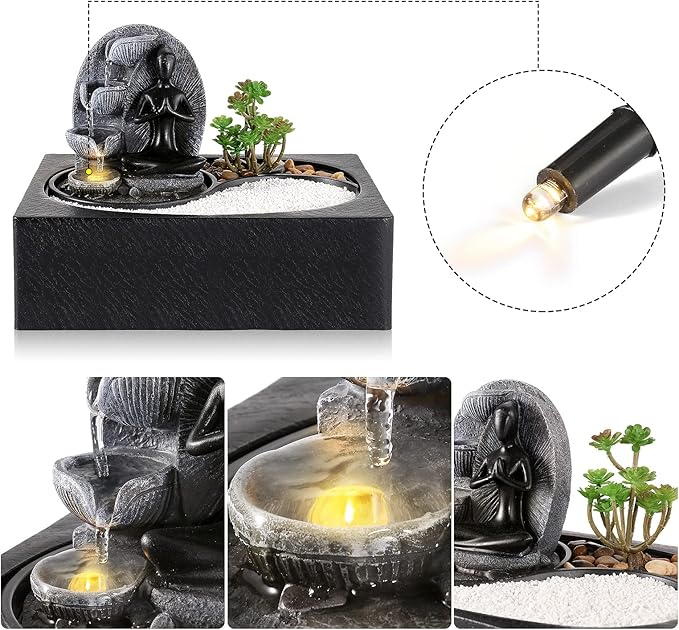 Living Indoor Fountain Table Fountain, Polyresin Fountain, LED Lighting, Table Top Water Fountain with Sand Stones & Plant Decorations, Sitting Buddha Fountain, 29 x 21 x 23 cm