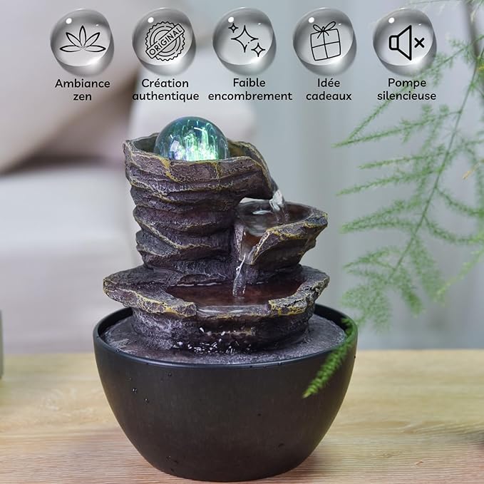 Zen Light SCFR22-L12 Zen Cascade Closed Circuit Table Fountain, Relaxing Bright Colourful LED, 18 cm Height, Chestnut