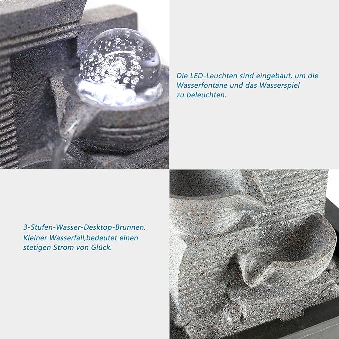 Living White Light LED Indoor Fountain, Living Room Desk Fountain Decoration with Lighting, Resin, 17 x 22 x 25 cm