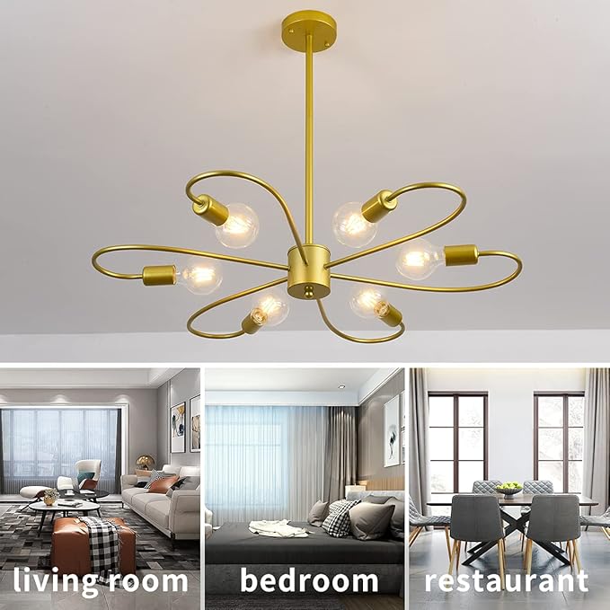Gold Modern Chandeliers 6-Light Semi Flush Mount Ceiling Light Fixture, Sputnik Hanging Lighting Adjustable Height for Bedroom Dinning Living Room