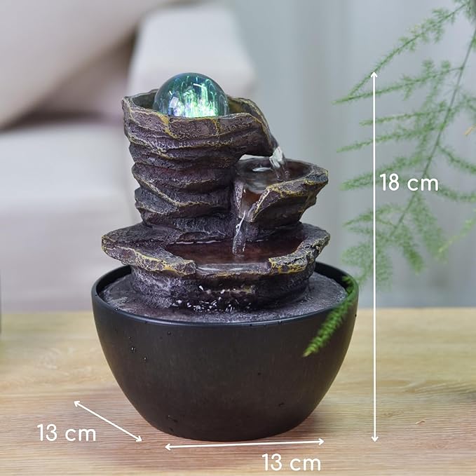 Zen Light SCFR22-L12 Zen Cascade Closed Circuit Table Fountain, Relaxing Bright Colourful LED, 18 cm Height, Chestnut