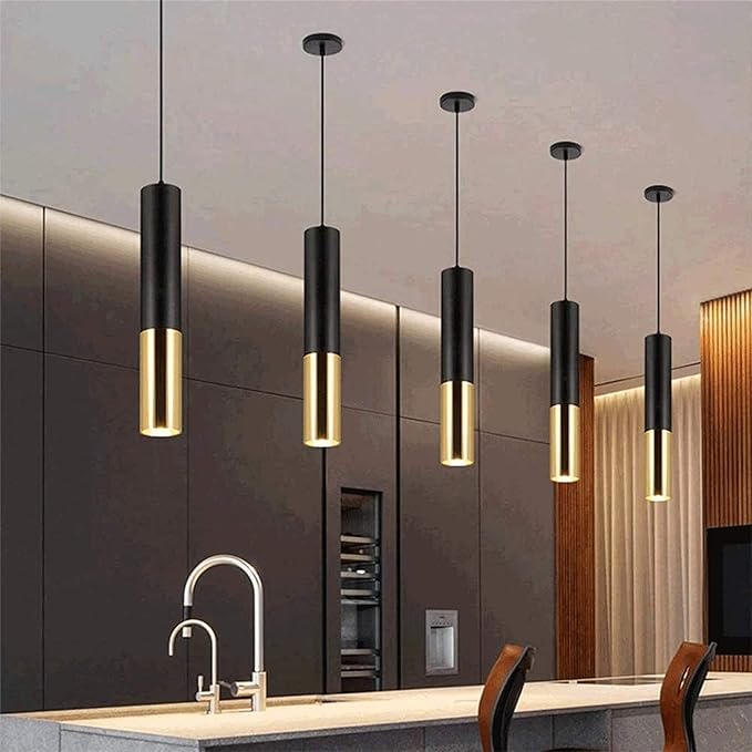 GU10 Dia 6CM L30CM Black Gold LED Pendent Light Spotlights Mini Island Pendant Lighting for Kitchen Island Dinning Room,Bedroom,Bar, Matte Black Kitchen Island