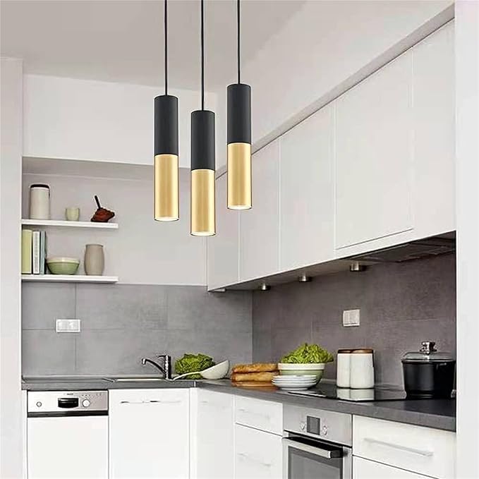 GU10 Dia 6CM L30CM Black Gold LED Pendent Light Spotlights Mini Island Pendant Lighting for Kitchen Island Dinning Room,Bedroom,Bar, Matte Black Kitchen Island