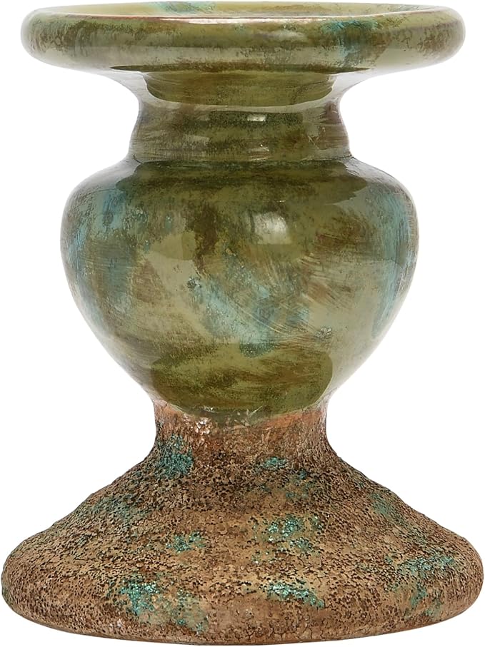 Creative Co-Op 2-Tone Sculptural Terracotta Pillar Candle Holder, Distressed Green