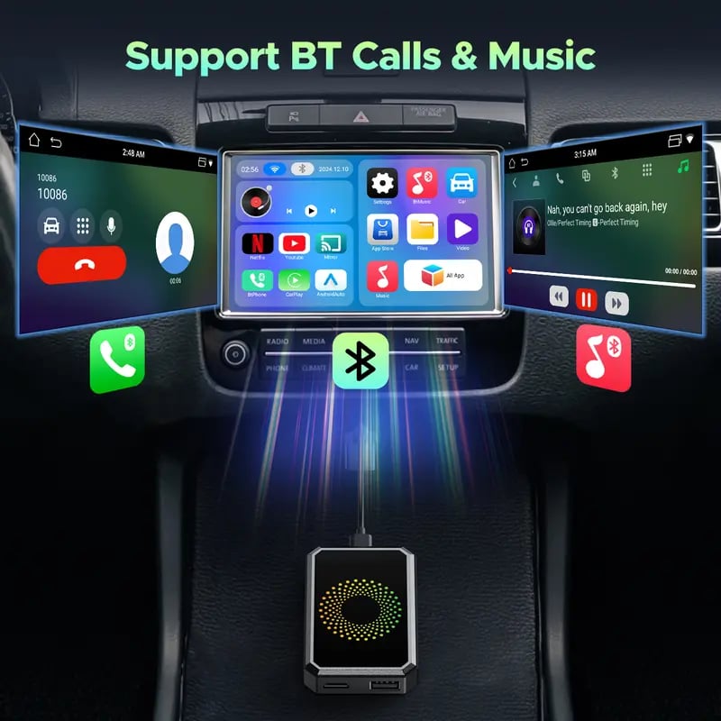 CILIFER® Wired to Wireless Carplay Adapter with Built-in Netflix/YouTube/TikTok APP to Play Video on a Car Screen (DO Not Support Vehicles with Built-in Wireless CarPlay). For iPhone 8-15 & Android 11+