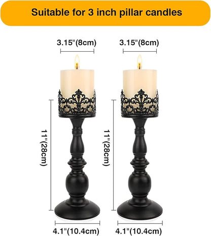 Candle Holders for Pillar Candles Gothic Matte Black Vintage Tall Candle Holders Set of 2 Decorative Large Table Centerpieces Candle Stand Decor (Black 2PCS A)