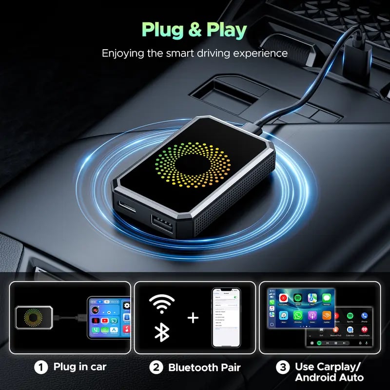 CILIFER® Wired to Wireless Carplay Adapter with Built-in Netflix/YouTube/TikTok APP to Play Video on a Car Screen (DO Not Support Vehicles with Built-in Wireless CarPlay). For iPhone 8-15 & Android 11+