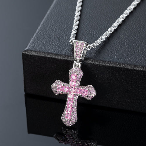 Oneswear® Iced Pink Princess Cut Cross Pendant
