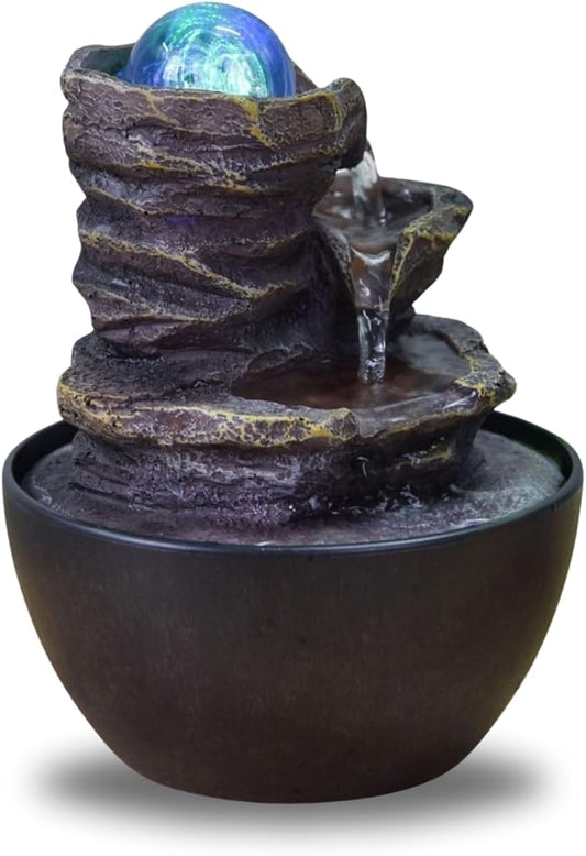 Zen Light SCFR22-L12 Zen Cascade Closed Circuit Table Fountain, Relaxing Bright Colourful LED, 18 cm Height, Chestnut