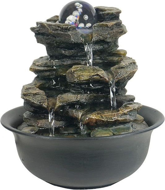 Heart of Nature Indoor Water Fountain with LED Light AND Colour Changing Spinning Ball | 3 Pin UK Plug USB Included Gold