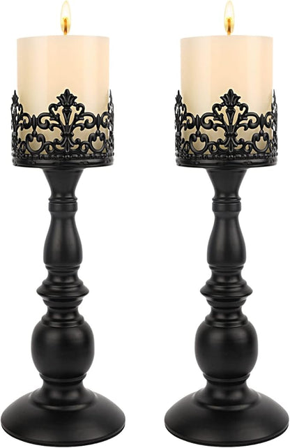 Candle Holders for Pillar Candles Gothic Matte Black Vintage Tall Candle Holders Set of 2 Decorative Large Table Centerpieces Candle Stand Decor (Black 2PCS A)