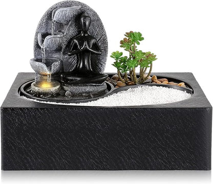Living Indoor Fountain Table Fountain, Polyresin Fountain, LED Lighting, Table Top Water Fountain with Sand Stones & Plant Decorations, Sitting Buddha Fountain, 29 x 21 x 23 cm