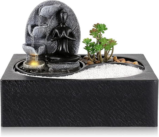 Living Indoor Fountain Table Fountain, Polyresin Fountain, LED Lighting, Table Top Water Fountain with Sand Stones & Plant Decorations, Sitting Buddha Fountain, 29 x 21 x 23 cm
