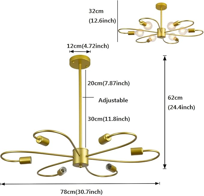 Gold Modern Chandeliers 6-Light Semi Flush Mount Ceiling Light Fixture, Sputnik Hanging Lighting Adjustable Height for Bedroom Dinning Living Room