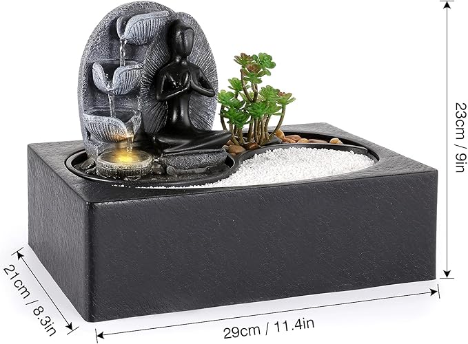 Living Indoor Fountain Table Fountain, Polyresin Fountain, LED Lighting, Table Top Water Fountain with Sand Stones & Plant Decorations, Sitting Buddha Fountain, 29 x 21 x 23 cm