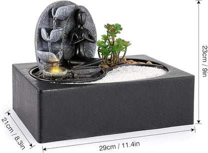 Living Indoor Fountain Table Fountain, Polyresin Fountain, LED Lighting, Table Top Water Fountain with Sand Stones & Plant Decorations, Sitting Buddha Fountain, 29 x 21 x 23 cm