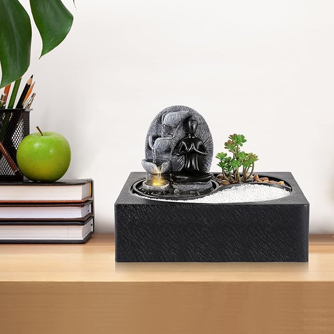 Living Indoor Fountain Table Fountain, Polyresin Fountain, LED Lighting, Table Top Water Fountain with Sand Stones & Plant Decorations, Sitting Buddha Fountain, 29 x 21 x 23 cm