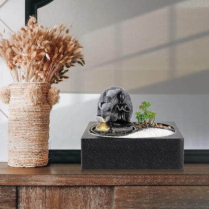 Living Indoor Fountain Table Fountain, Polyresin Fountain, LED Lighting, Table Top Water Fountain with Sand Stones & Plant Decorations, Sitting Buddha Fountain, 29 x 21 x 23 cm