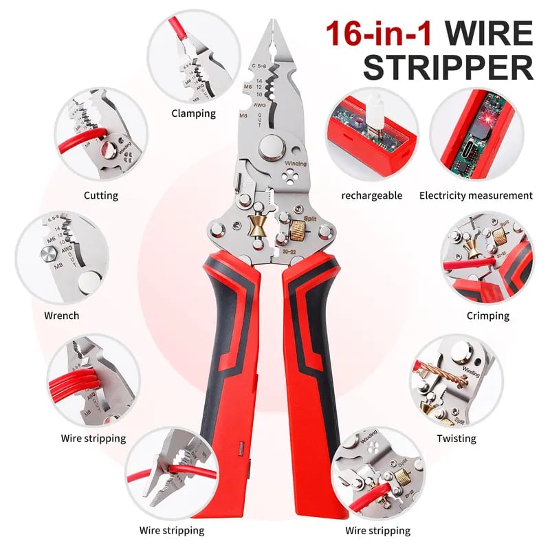 CILIFER® 16 in 1 Wire Stripper Twister for Cutting and Pulling Wires.Cable Scissors.Voltage Tester Pliers. 12V to 250V Live.Null.Hot Wire Judgment AC DC. Audible and Flashing LED Alarms
