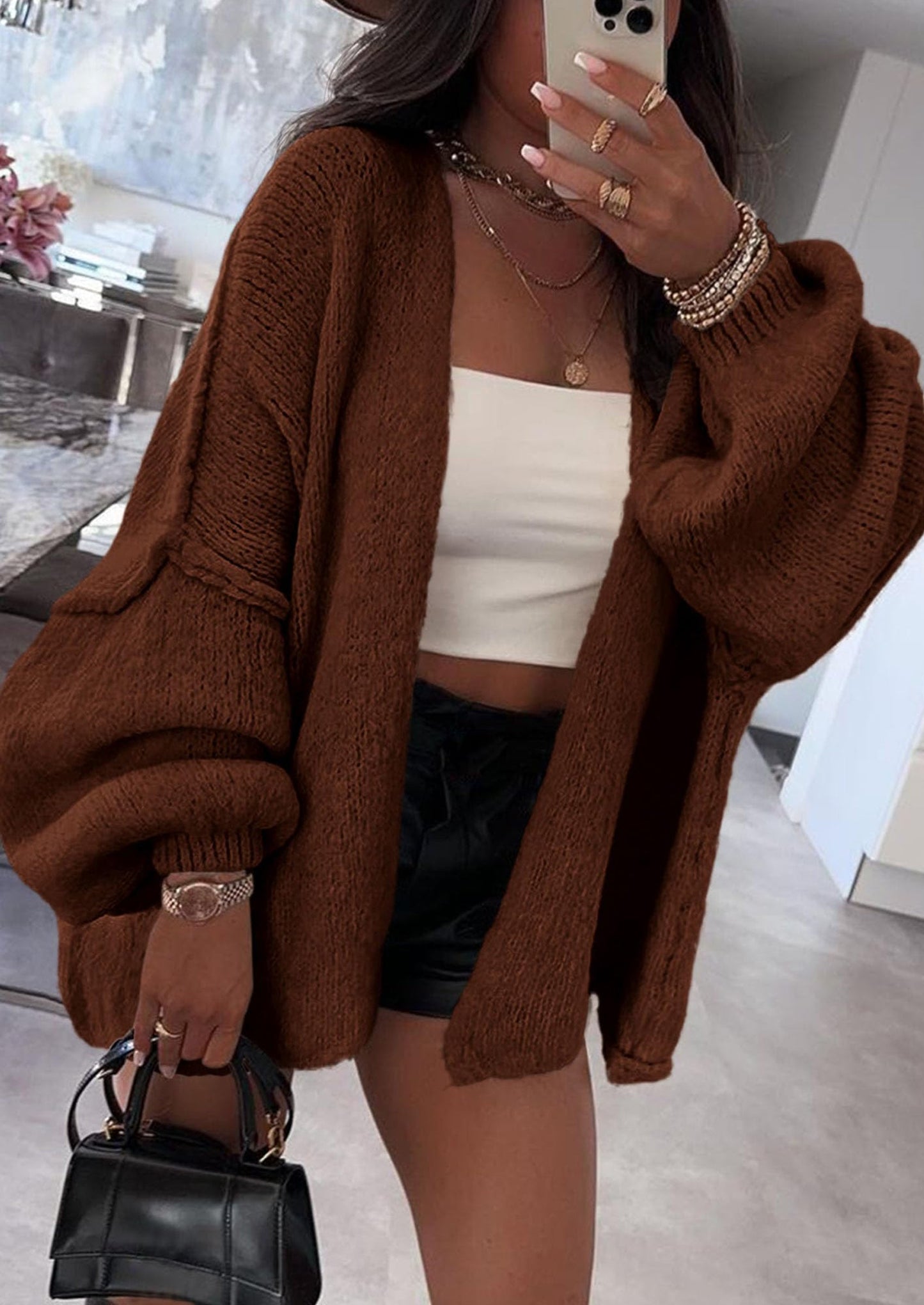 SFRCORD® Womens Oversized Cardigan Sweaters Fall Long Lantern Sleeve Knit Open Front Lightweight Sweater