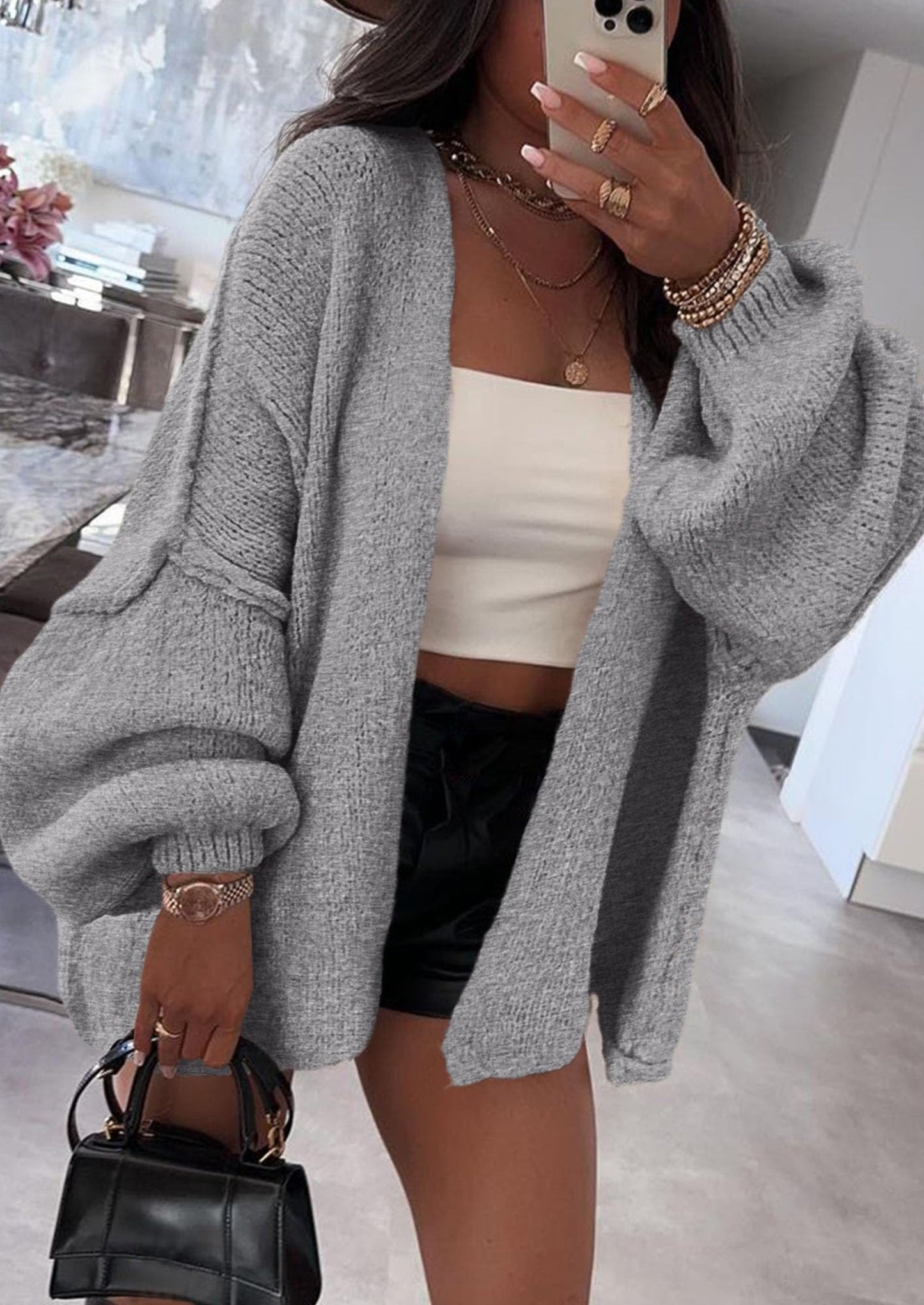 SFRCORD® Womens Oversized Cardigan Sweaters Fall Long Lantern Sleeve Knit Open Front Lightweight Sweater