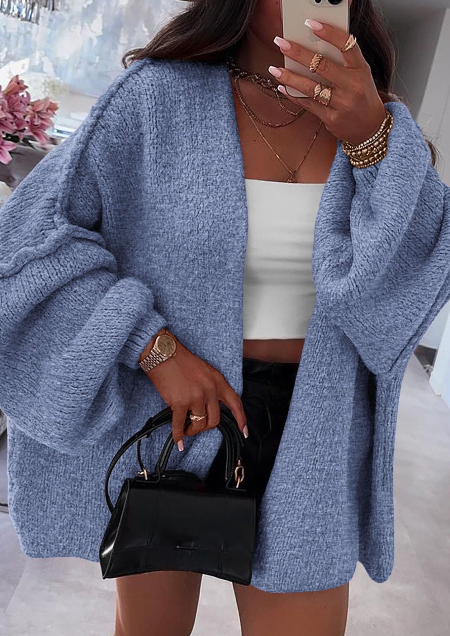 SFRCORD® Womens Oversized Cardigan Sweaters Fall Long Lantern Sleeve Knit Open Front Lightweight Sweater