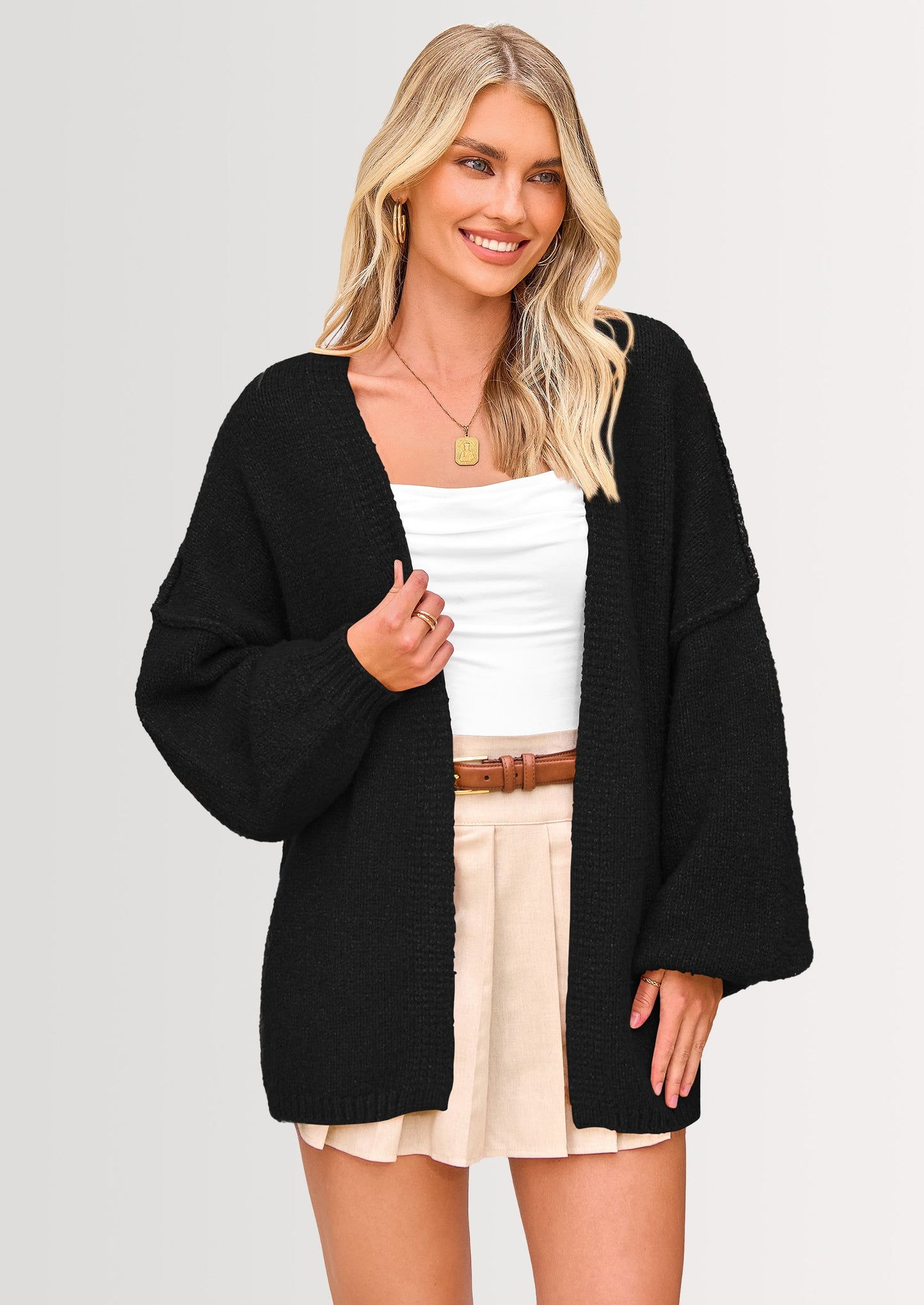 SFRCORD® Womens Oversized Cardigan Sweaters Fall Long Lantern Sleeve Knit Open Front Lightweight Sweater